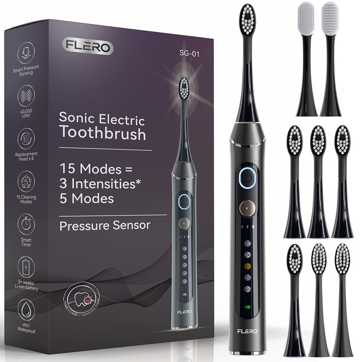 Електрическа звукова четка за зъби FLERO® за възрастни и деца, 8 приставки, 3 скорости, 5 режима, 42 000 вибрации/мин, USB Type-C, 1600 mAh, 60 дни автономия, памет, Smart Timer, за зъби и език, IPX7, графит