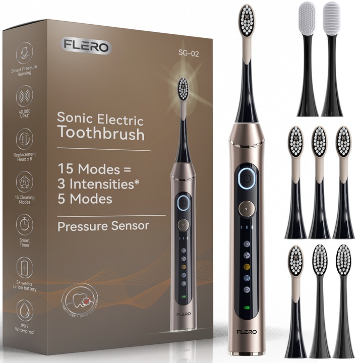 Periuta de dinti electrica sonica FLERO®, pentru adulti, copii, 8 Capete Incluse, 3 Viteze, 5 Programe, 42000 Vibratii/Min, USB Type-C, 1600 mAh, Autonomie 60 zile, Functie Memorie, Smart Timer, Periuta pentru Dinti si Limba, IPX7, Gold