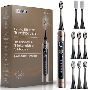 Periuta de dinti electrica sonica FLERO®, pentru adulti, copii, 8 Capete Incluse, 3 Viteze, 5 Programe, 42000 Vibratii/Min, USB Type-C, 1600 mAh, Autonomie 60 zile, Functie Memorie, Smart Timer, Periuta pentru Dinti si Limba, IPX7, Gold