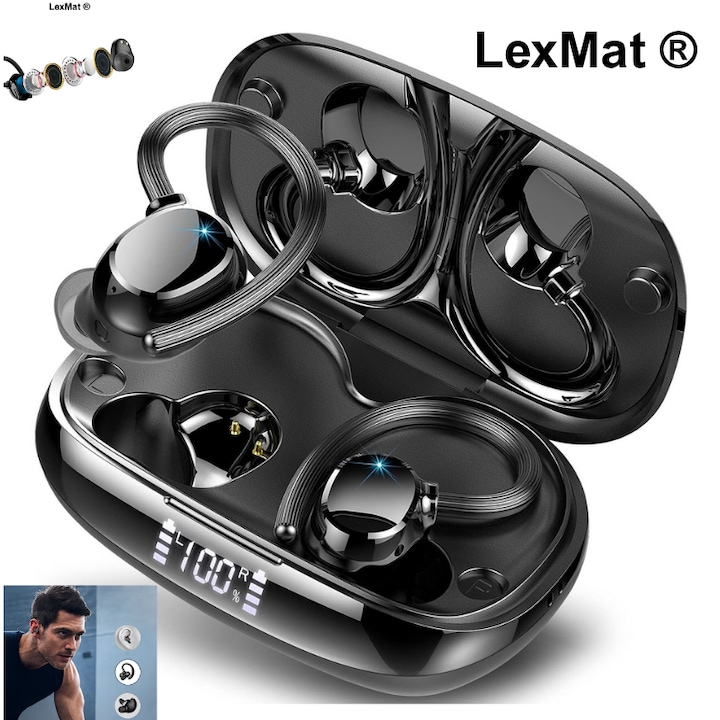 Безжични слушалки Bluetooth 5.4 Sport, Q61 Stereo в ухото с куки за уши, LexMat ®, 48H Мощен бас, LED екран, шумопотискане, IP7 водоустойчиви, вграден микрофон за бягане. Интелигентно сензорно управление