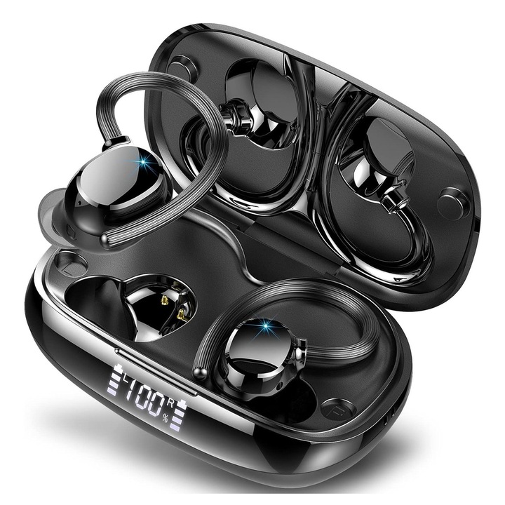 LexMat Wireless fülhallgató, Bluetooth 5.4 Sport, Q61 Sztereó In-Ear fülhallgató fülkampókkal, 48H Erőteljes Basszus, LED Kijelző, Zajszűrés, IP7 Vízálló, Beépített Mikrofon Futáshoz. Intelligens Érintésvezérlés