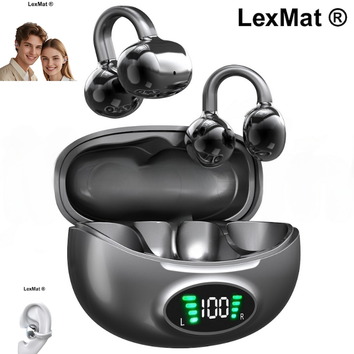 Casti cercel, clema Wireless Bluetooth cu microfon W19 LexMat ®, Bluetooth 5.4, autonomie 3 ore, cutie incarcare 230 mAh, control tactil si sunet HD