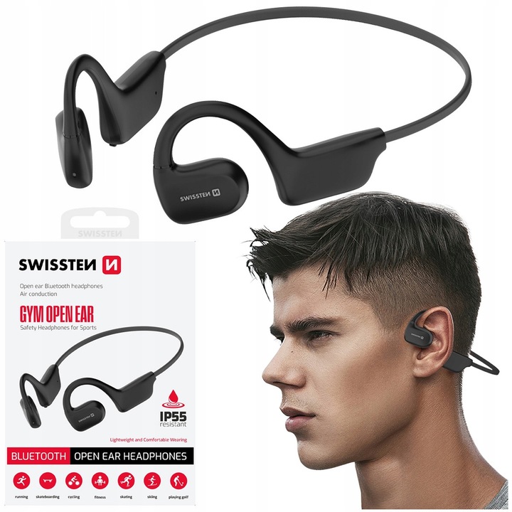 Vezeték nélküli fülhallgató, Swissten, Gym Open Ear, IP55 vízállóság, 10 órás akkumulátor üzemidő, 24 g súly, 10 méteres Bluetooth hatótávolság, 12.5 x 10 x 4 cm méretek, fekete