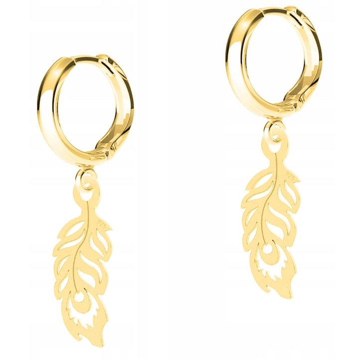 Női fülbevalók, Larezo, Tollak, 925-ös ezüst, 585-ös arannyal bevonva, Bigla magassága 17 mm x Zawieszki magassága 20 mm, Angol kampós záródás, Prémium ékszerdoboz csomagolás, Arany