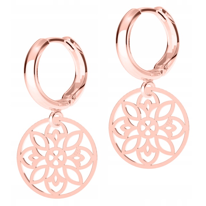 Női fülbevaló, Larezo, Áttört virág, 925-ös ezüst, 18 karátos rózsaarannyal bevonva, Fülbevaló magassága 17 mm x Medál magassága 15 mm, Angol kampós záródás, Prémium ékszerdoboz csomagolás, Rózsaszín