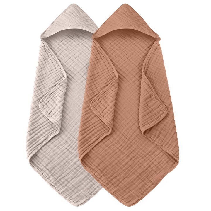 Set 2 Prosop de baie cu gluga pentru bebelusi din muselina, din bumbac 100%, uper absorbante, hipoalergenice, 90X90 cm, Bej/Kaki