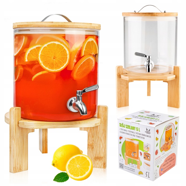 Set Borcan De Sticla Cu Robinet, Capac de Bambus, Pentru Servirea Bauturilor, Limonada, Decorativ, Suport de Lemn,37.5 x 23.5 x 12 x 19.5 x 20 cm, Transparent
