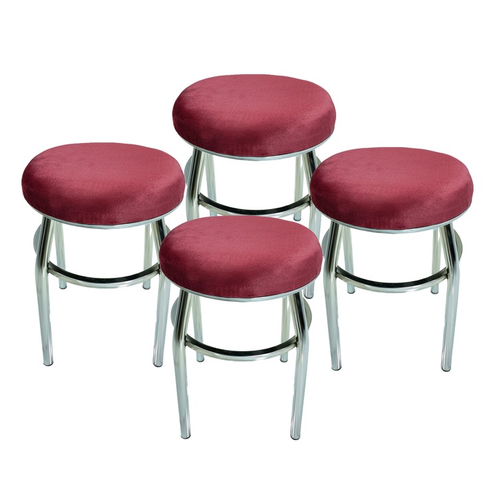 Set 4 taburete DENVER Odesa, sezut tapitat cu catifea visinie, cadru cromat, 32x32x45 cm