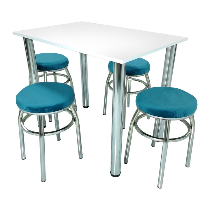Set masa cu 4 taburete Odesa, DENVER, tapitate cu catifea turcoaz, blat pal alb, cant abs alb, 90x60x73 cm