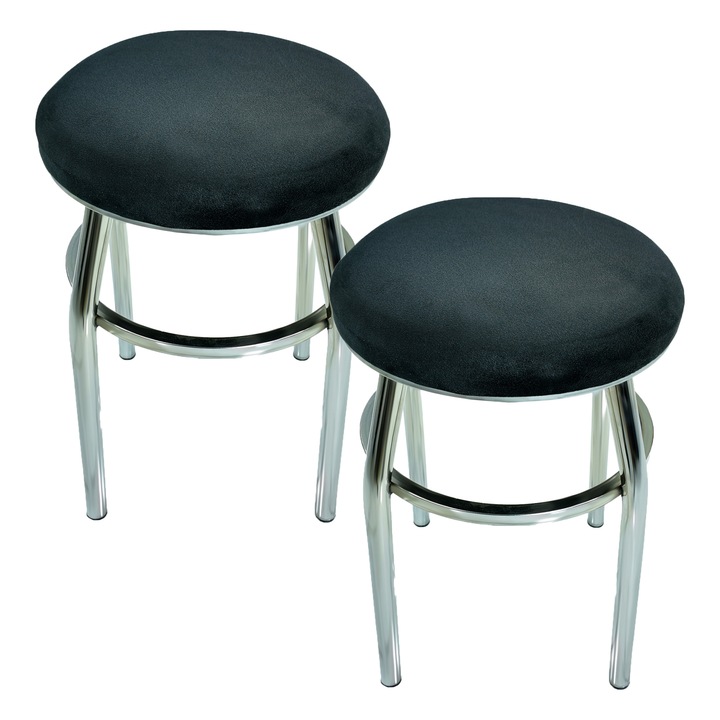 Set 2 taburete DENVER Odesa, sezut tapitat cu catifea neagra, cadru cromat, 32x32x45 cm