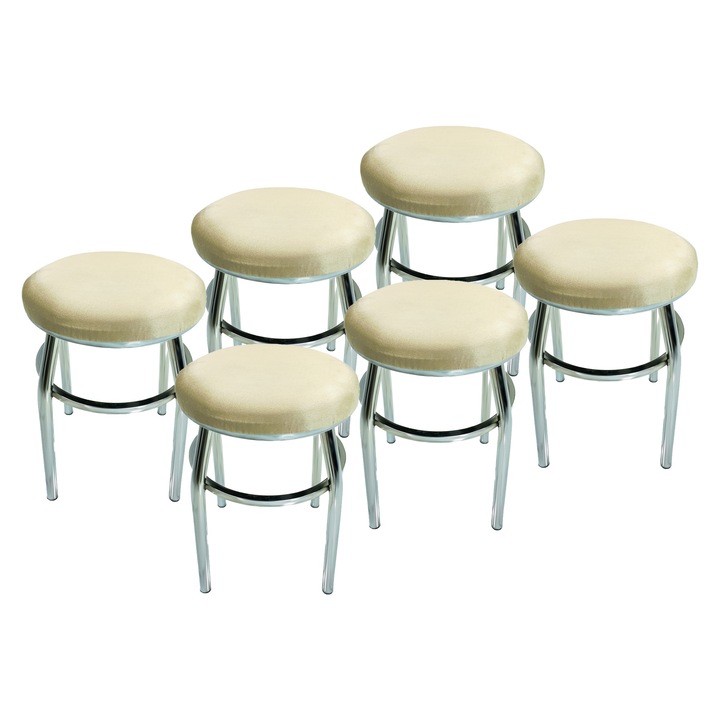 Set 6 taburete DENVER Odesa, sezut tapitat cu catifea bej, cadru cromat, 32x32x45 cm