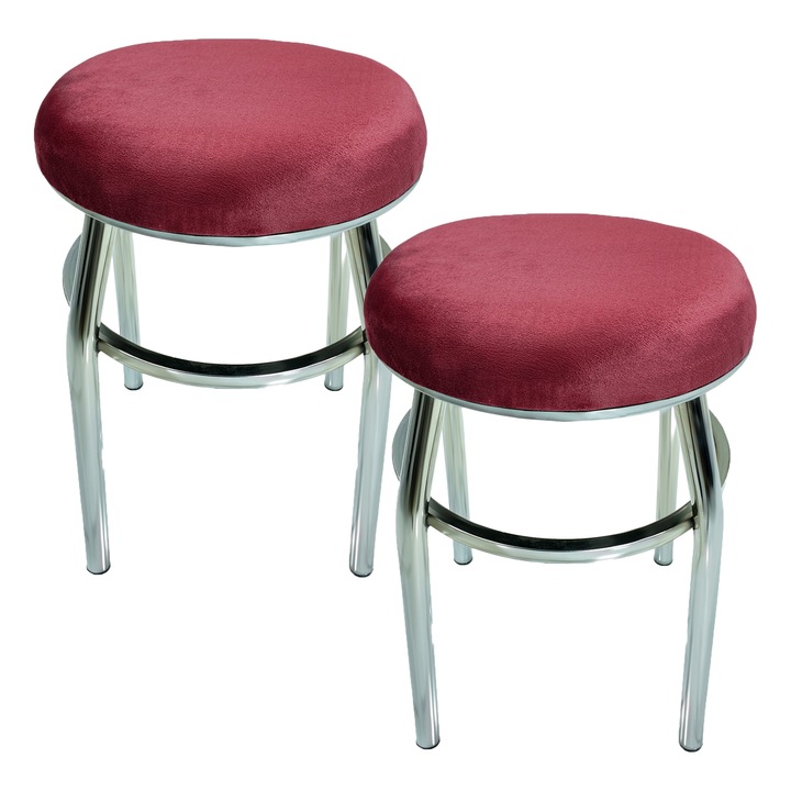 Set 2 taburete DENVER Odesa, sezut tapitat cu catifea visinie, cadru cromat, 32x32x45 cm