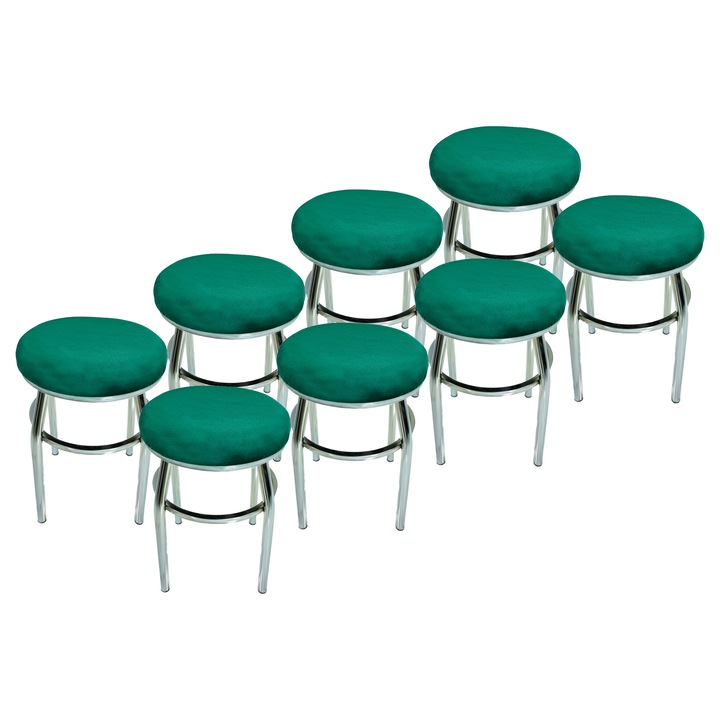 Set 8 taburete DENVER Odesa, sezut tapitat cu catifea verde, cadru cromat, 32x32x45 cm