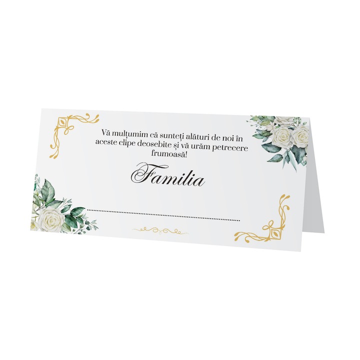 Plic de bani pentru nunta, model elegant trandafiri albi, frunze verzi, mesaj de multumire