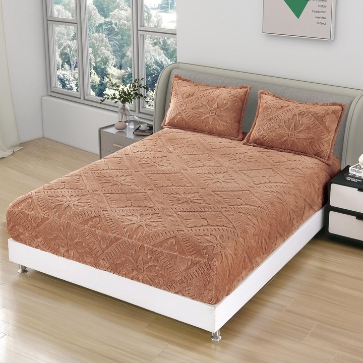 Set Lenjerie de Pat, 3 Piese, Portocaliu, 180x200 cm, 2 Fete de Perna