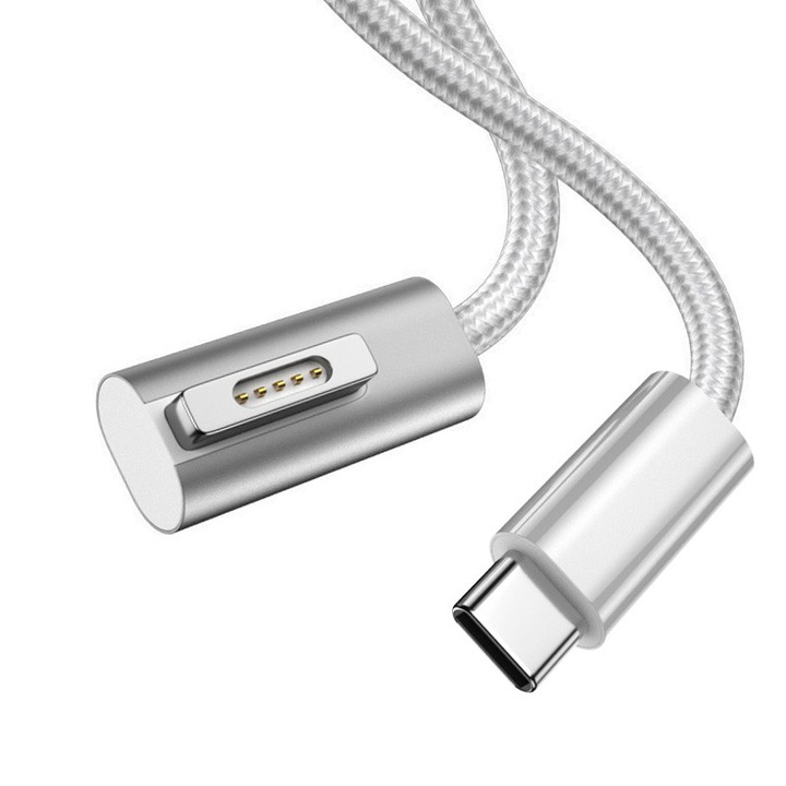 Prémium Magsafe 2 töltőkábel, AHA PRINT®, Apple Macbook Air / Pro készülékhez, 100W maximum, USB C-Magsafe 2 90°-os fejjel, LED kijelzővel, mágneses, MacBook Pro (2012-2015) / MacBook Air (2012-2017), tartós textil, 1.8 m, fehér