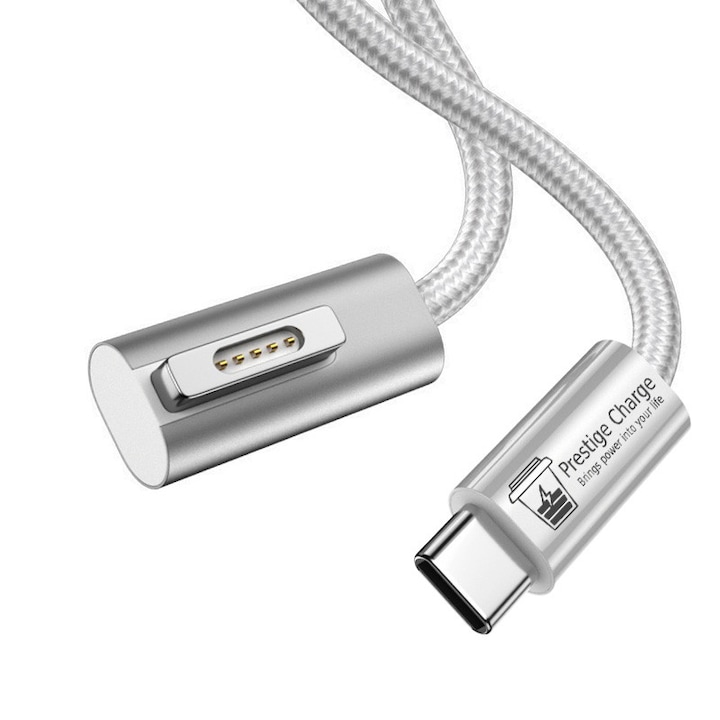 Cablu de Incarcare Premium Magsafe 2, PRESTIGE CHARGE®, pentru Apple Macbook Air / Pro, 100W Maxim, USB C-Magsafe 2 cu Cap 90°, Afisaj cu Indicator LED, Magnetic, MacBook Pro (2012-2015) / MacBook Air (2012-2017), Textil Rezistent, 1.8 m, Alb