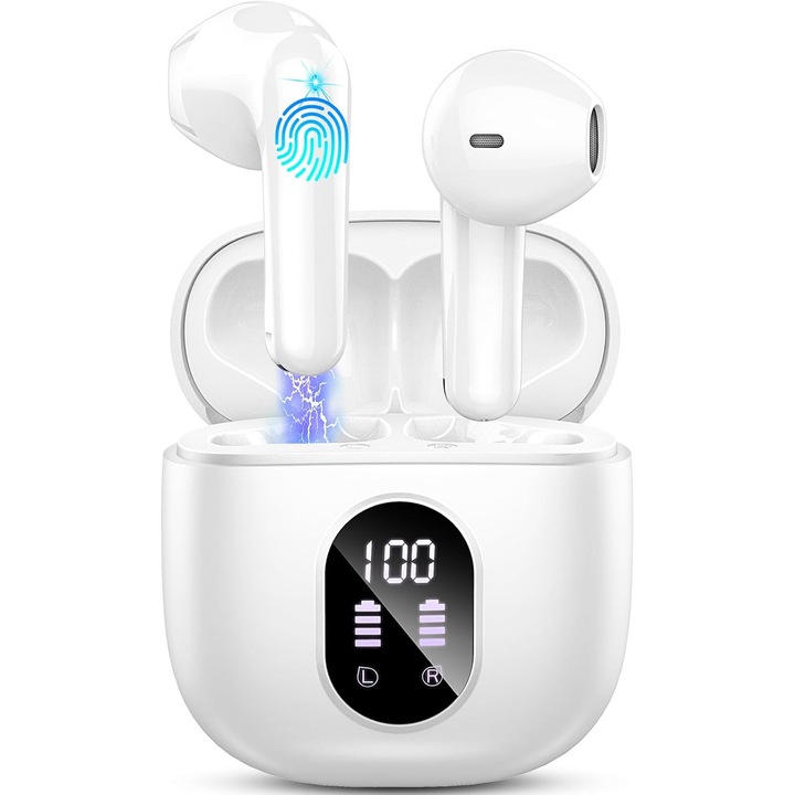 Casti Wireless Bluetooth 5.4 In-Ear TWS Alb, Sunet Hi-Fi Superior Cu Bass Puternic, Tehnologie Cu 4 Microfoane Si Anulare Zgomot, Afisaj Digital LED Autonomie 50H, Control Touch One Step Pairing, Apeluri HD Si Conexiune Stabila USB-C – Avyra