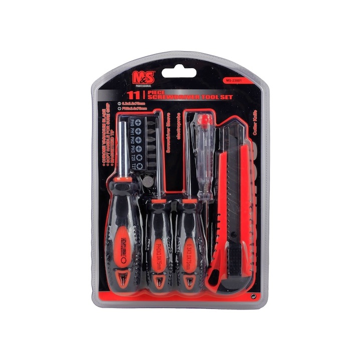 Комплект инструменти от 11 части, отвертки с магнитни накрайници, отвертка за тестване на напрежение, плоски и кръстати отвертки, универсален нож, ергономични дръжки, MS Professional, SP-258