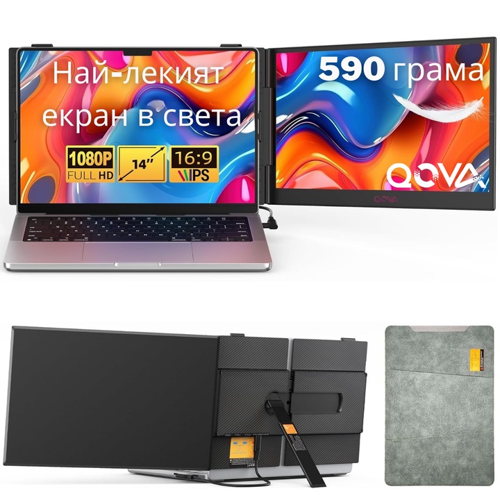 Преносим двоен разширяем монитор 14.2", Qova, IPS, Full HD 1080p, 300 нита, USB-C/HDMI, с включен калъф