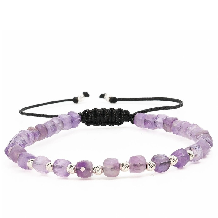 Bratara cu 12 bile de Argint 925 si Ametist cuburi fatetate