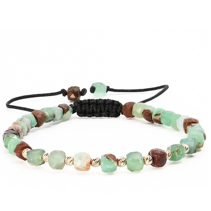 Manava 14 karátos, arany, 10 gyöngyös karkötő, krizoprázzal és bronzittal