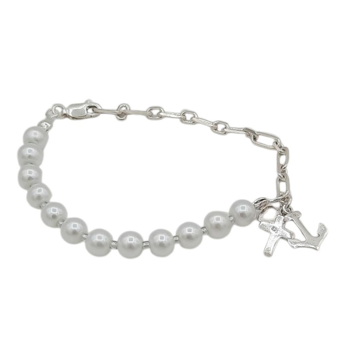 Bratara jumatate perle albe pe guta si jumatate lant cu un pandant triplu inimioara cruce si ancora de 15 mm capete si cheita din Argint 925 lungime 18 cm Anemona