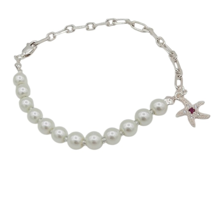 Bratara jumatate perle ivory 6 mm pe guta si jumatate lant cu un pandant stea de mare cu pietre de zirconiu 12 mm capete si cheita din Argint 925 lungime 19, 5 cm Ariana