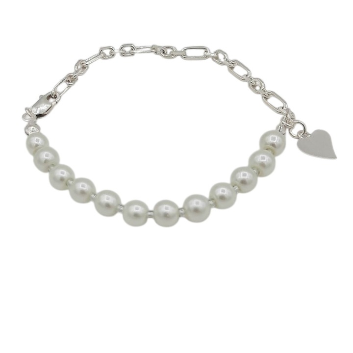 Bratara jumatate perle ivory 6 mm pe guta si jumatate lant cu un pandant simplu inimioara 13 mm capete si cheita din Argint 925 lungime 19 cm Atena