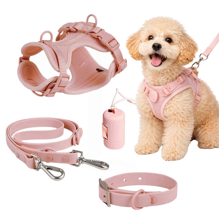 Ham Reglabil pentru Caini Medii AMNIX®, Set Complet cu Lesa, Zgarda si Dispenser, No-Pull Confortabil, Material Respirabil cu Pad Abdominal, Catarama Metalica, Control Usor la Plimbare, M (30–46 cm), Roz