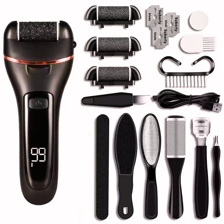 Електрическа пила за стъпала и пети AMNIX, LED дисплей, батерия 1200 mAh, водоустойчивост IPX7, 2 скорости, 3 кварцови ролки, пълен комплект за педикюр, бързо премахване на мъртва кожа и мазоли