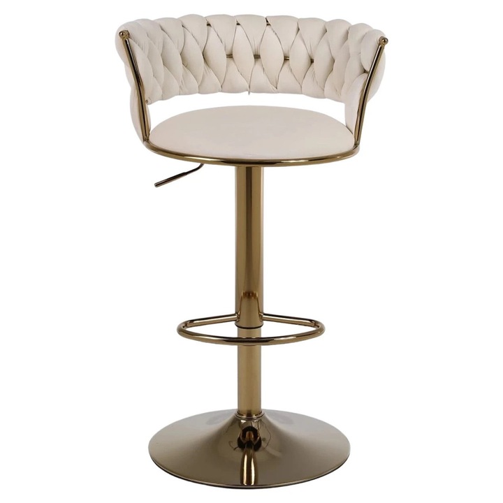 Scaun Bar Premium, Design Modern Cu Finisaj Auriu, Tapiterie Catifea Eleganta, Spatar Confortabil, Suport Picioare Integrat, Inaltime Reglabila, Rotire 360°, Stil Versatil Pentru Bucatarie, Living Sau Bar, Solutie Eleganta Pentru Decor, Scaun Bar Crem