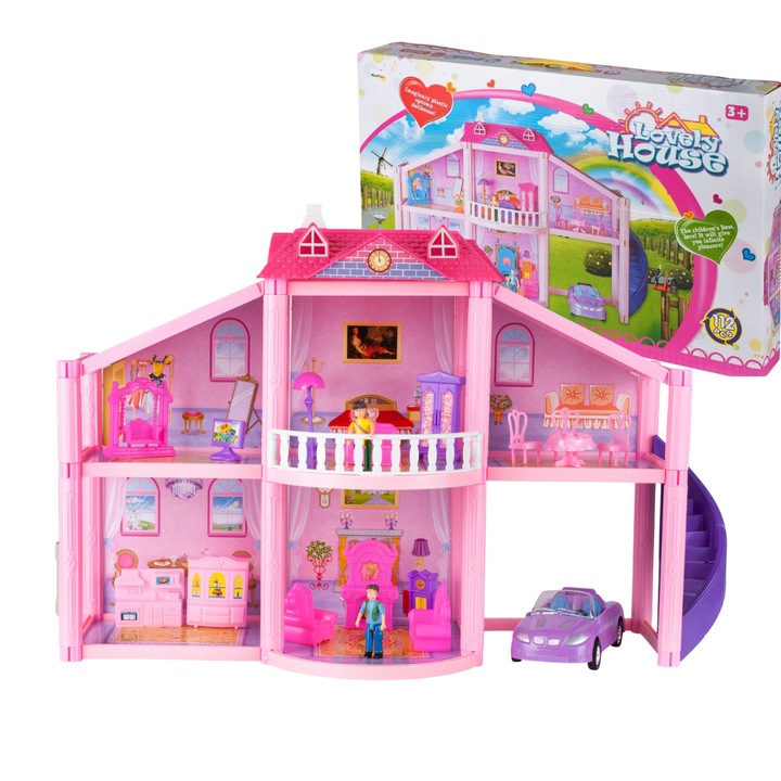 Casuta pentru papusi Macvi® Lovely House, 2 etaje, 5 camere, garaj cu masina, 2 figurine incluse, set 112 piese