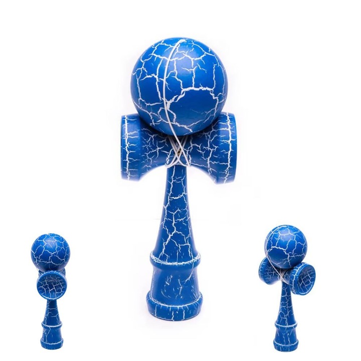 Kendama profesionala din lemn, 18 cm – model clasic cu design crapat, culoare Albastru/Alb, Impact Vision®