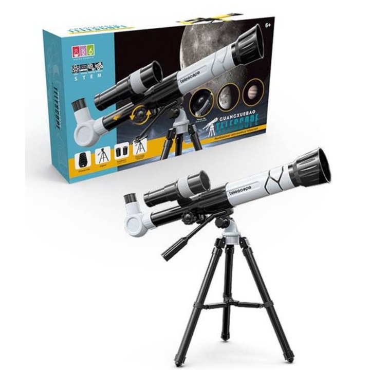 Telescop pentru copii cu lentile, pe trepied, inaltime 45 cm, negru cu alb