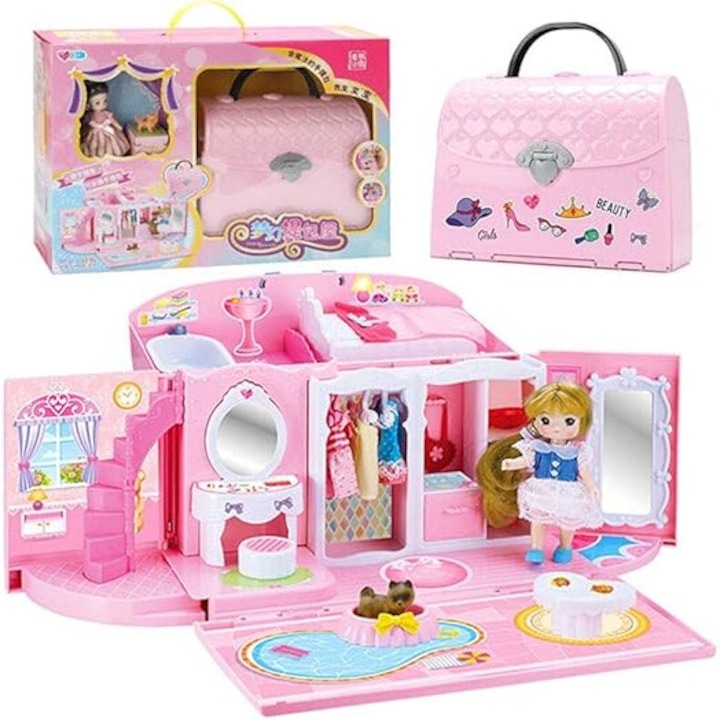 Casuta de papusi Macvi® transformabila tip gentuta portabila, cu accesorii diverse, compacta, usor de transportat, pentru joaca imaginativa si dezvoltarea abilitatilor copiilor