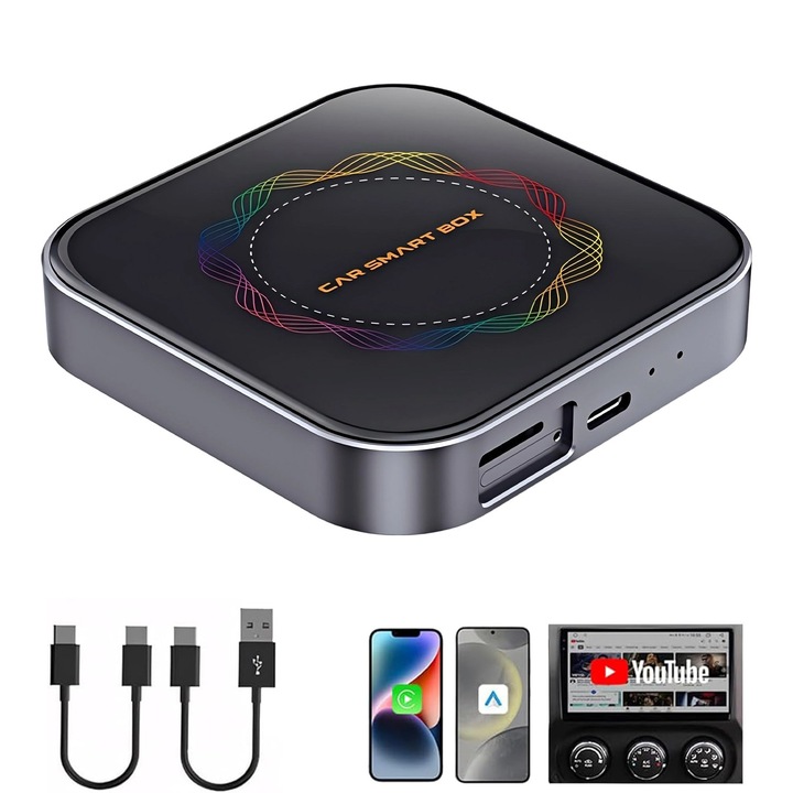 Adaptor auto Wireless CarPlay si Android Auto, Procesor octa-core Qualcomm, 8GB RAM+128GB, Conexiune 4G, Plug and Play, GPS, Suporta card TF, Sincronizati Asistentul Vocal, Oududianzi, Aliaj aluminiu/Sticla calita, Negru