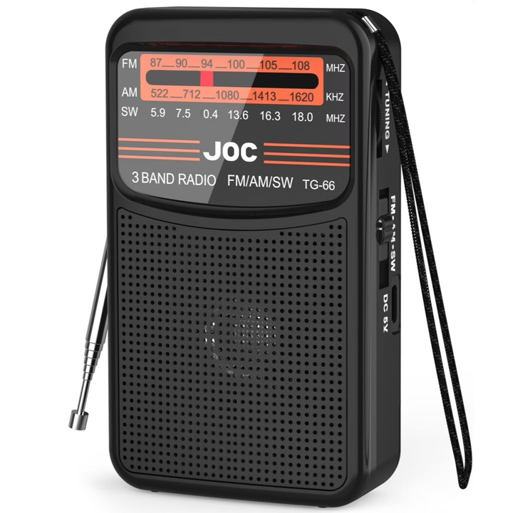 Преносимо радио с 3 ленти за приемане AM FM SW, включена батерия, зареждане през USB TypeC, черно