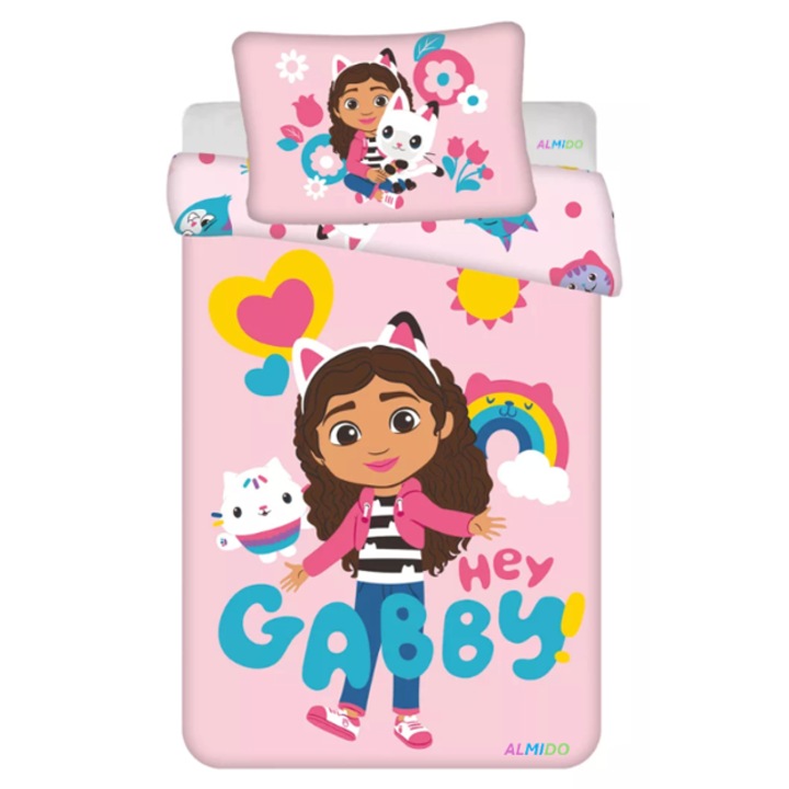 Set de lenjerie pat copii ALMIDO, Hey Gabby, cearceaf pilota si husa fata de perna, 100x135 cm, 40x60 cm