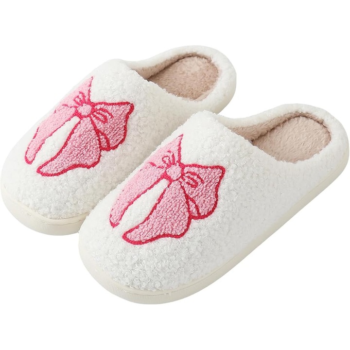Papuci de casa cu fundita, caldurosi si moi, antialunecare, ideali pentru Cadou, marimea 38 (lungime brant 23 cm), Alb/Roz, Manolex®