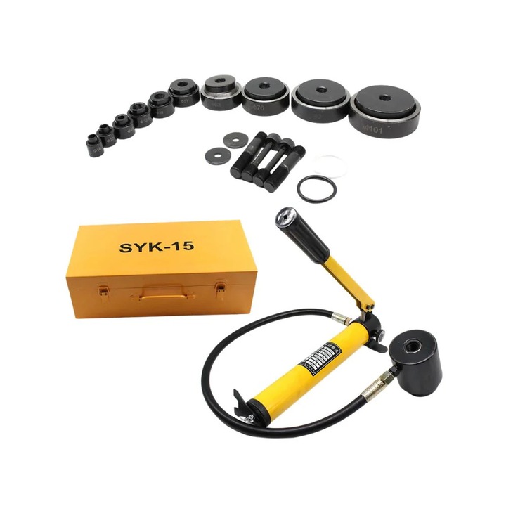 Hidraulikus lyukasztó készlet, 15 tonna, 10 matrica 16-101 mm, fém, acél, műanyag, sárga