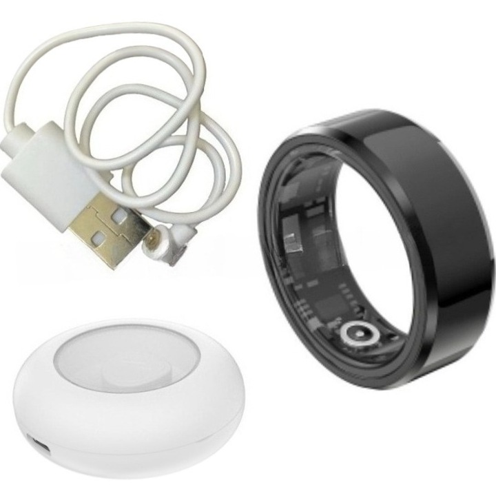 Inel smart ring inteligent, ultra-usor, somn, pasi, ritm cardiac, oxigen din sange, rezistent la apa, negru, Diametru interior 21,5 mm, compartiment de incarcare, Pentru Android /iOS, Tehnologie impermeabila IP68