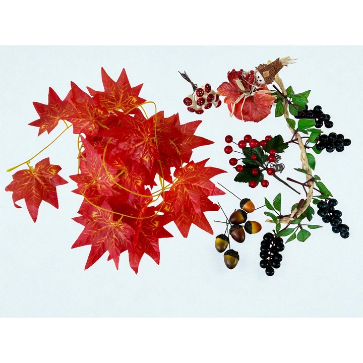 Set decoratiuni artificiale de toamna si Halloween, Dady, funie cu struguri 40 cm, ghirlanda cu frunze ruginii artar, papusa cu dovleac, 12 ciupercute cu sarma, crenguta cu bobite rosii, ghinde