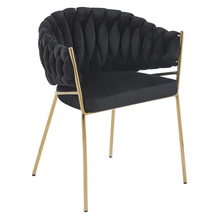 Set 2 Scaune Dining/Bucatarie Premium, Scaun Modern, Cadru Metalic Solid Cu Finisaj Auriu, Tapiterie Moale Din Catifea, Scaun Cu Spatar Ergonomic Pentru Confort Sporit, Sezut Captusit Si Stabil, Design Elegant Pentru Living Sau Bucatarie, Negru/Auriu