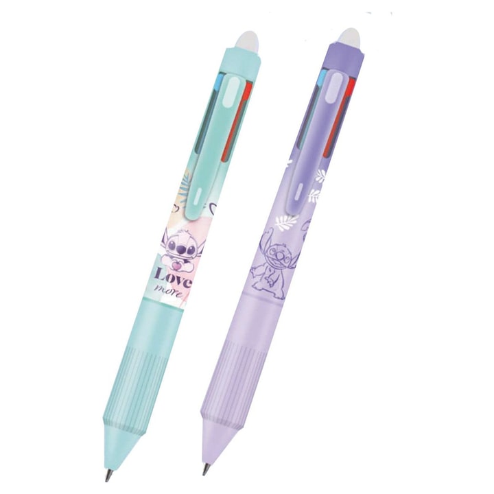 Set 2 rollere scrie-sterge, multicolor, negru, albastru, verde, rosu, cu cerneala termosensibila, grosime scriere 0.5 mm, cu buton, personaje Disney Lilo & Stitch