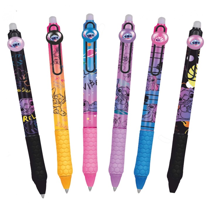 Комплект от 6 ролера за писане и изтриване, с термочувствително мастило, дебелина на писане 0.7 мм, с бутон, герои на Disney Lilo & Stitch