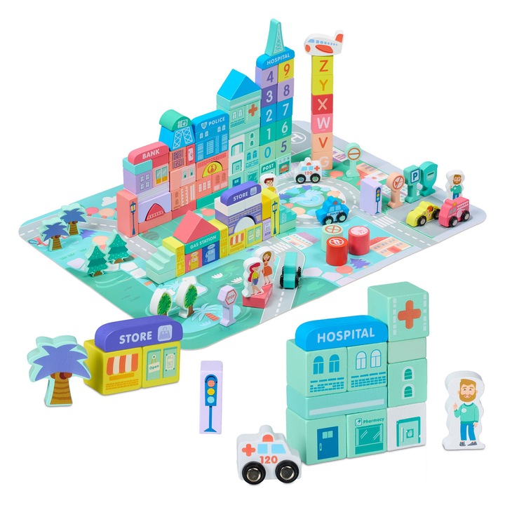 Set de cuburi din lemn oras 108 piese cu puzzle pentru copii, joc educativ cu litere, cifre, vehicule si cladiri, dezvoltare motorie si creativitate