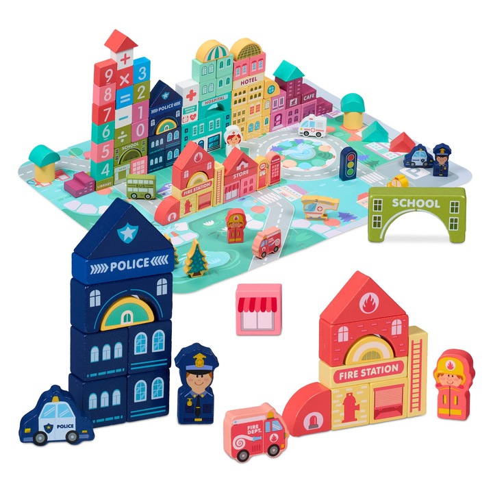 Set de cuburi din lemn oras 100 piese cu puzzle pentru copii, joc educativ cu litere, cifre, vehicule si cladiri, dezvoltare motorie si creativitate