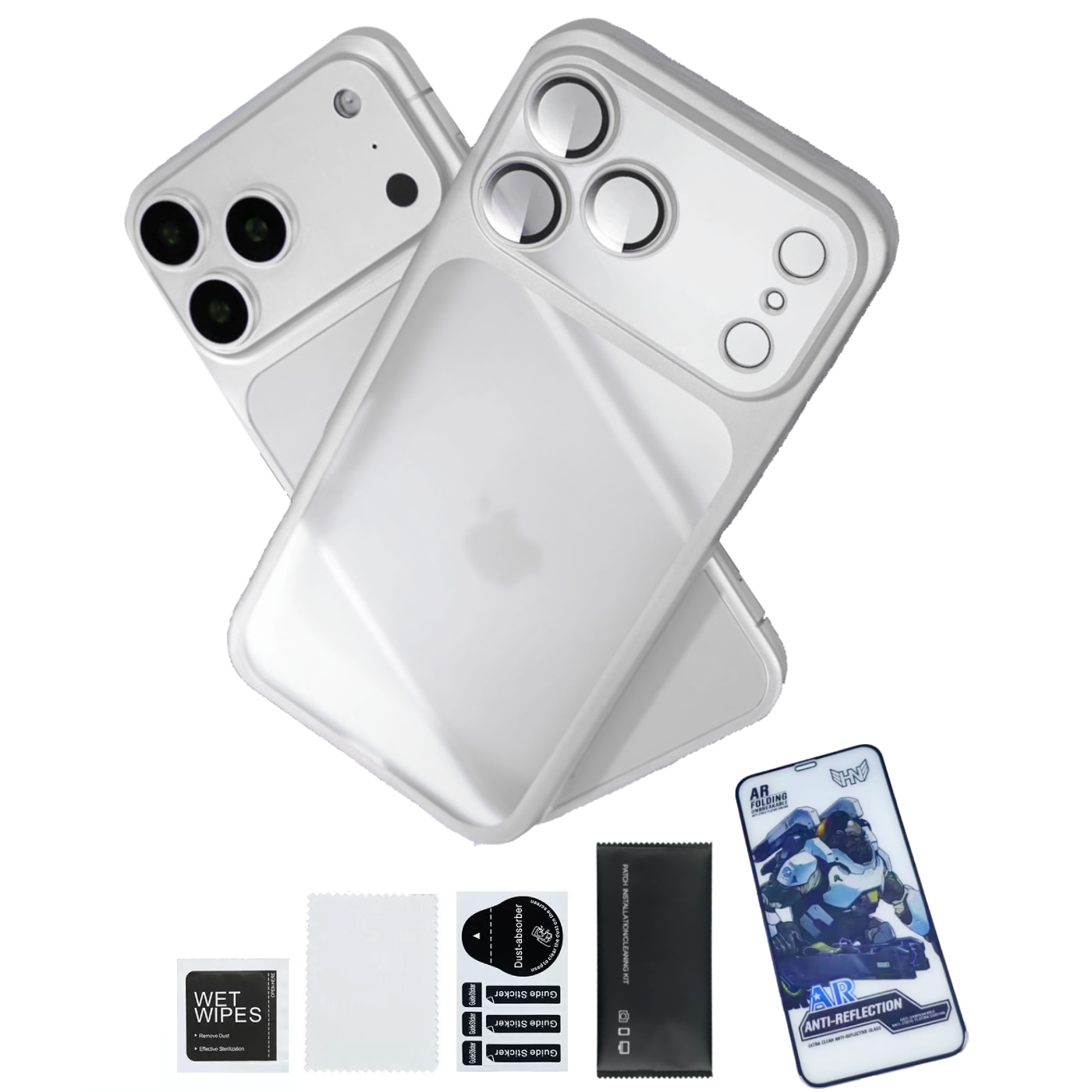 Husa pentru iPhone 17 Pro cu protectie pentru lentile si Anti-ingalbenire, Placa din spate transparenta, Argintiu,1 protector de ecran din sticla temperata si 1 set de unelte pentru instalare