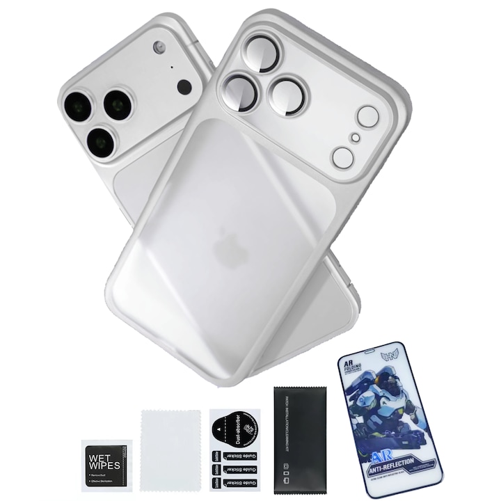 Husa pentru iPhone 17 Pro cu protectie pentru lentile si Anti-ingalbenire, Placa din spate transparenta, Argintiu,1 protector de ecran din sticla temperata si 1 set de unelte pentru instalare